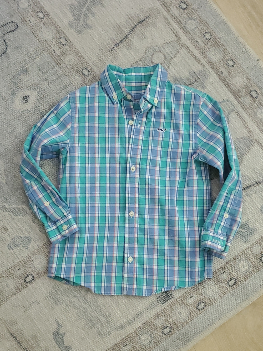 Vineyard Vines Boys Cotton Spandex Aqua Plaid Button Up Shirt Sz4T